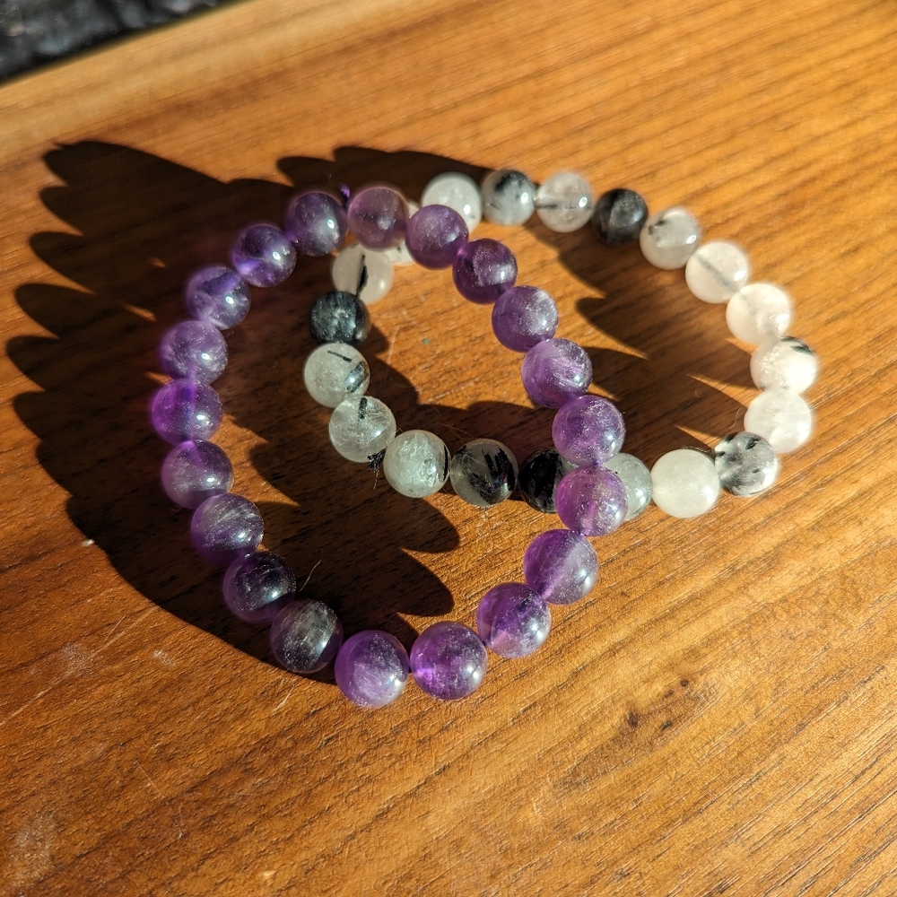 Amethyst and Tourmalinated Quartz Bracelet Set - Healing Crystal Beaded Bracelet